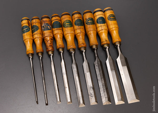 Amazing Set of 9 E.A. BERG ESKILSTUNA Bevel Edge Tang Chisels with Decals - 107991