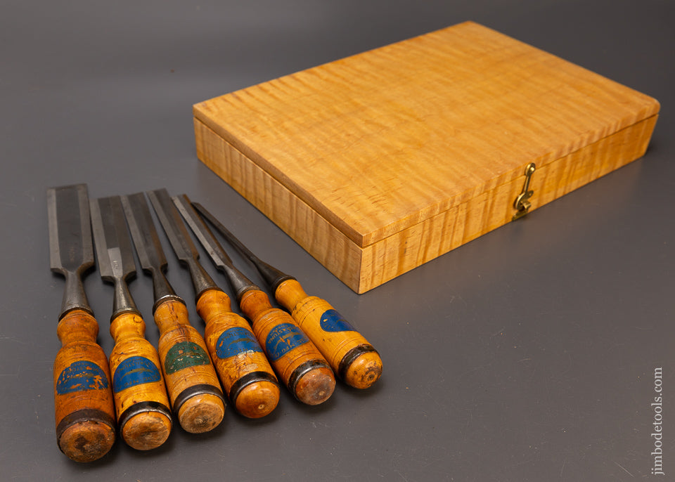 E. A. BERG ESKILSTUNA No. 9188 SHARK BRAND Six Piece Socket Chisel Set EXTRA FINE in Original Wooden Case - 109879