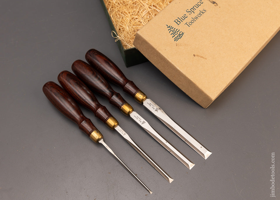 Fine Set of 4 BLUE SPRUCE TOOL WORKS Dovetail Chisels with Cocobolo Handles - 111169