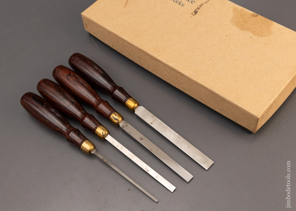 Fine Set of 4 BLUE SPRUCE TOOL WORKS Dovetail Chisels with Cocobolo Handles - 111169