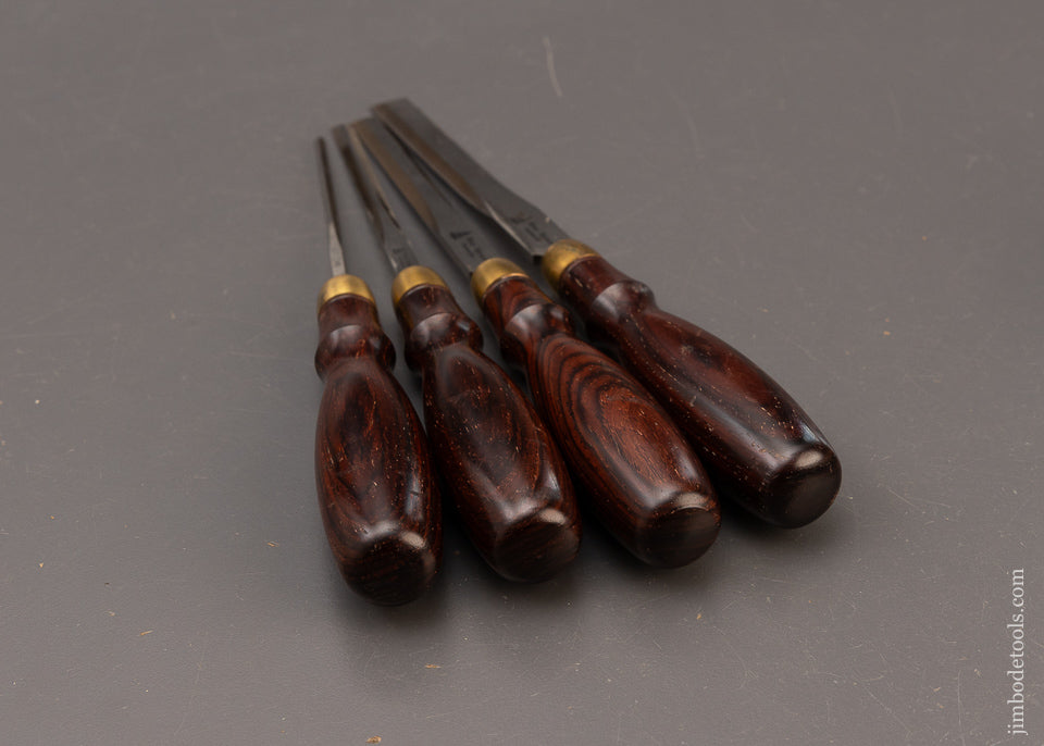 Fine Set of 4 BLUE SPRUCE TOOL WORKS Dovetail Chisels with Cocobolo Handles - 111169