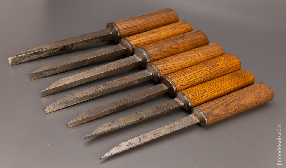 Extra Fine Matched Set of 7 Pig Sticker Mortise Chisels by THOS IBBOTSON - 111536