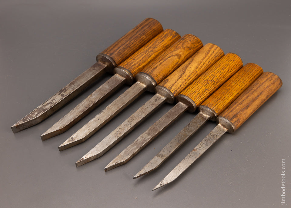 Extra Fine Matched Set of 7 Pig Sticker Mortise Chisels by THOS IBBOTSON - 111536