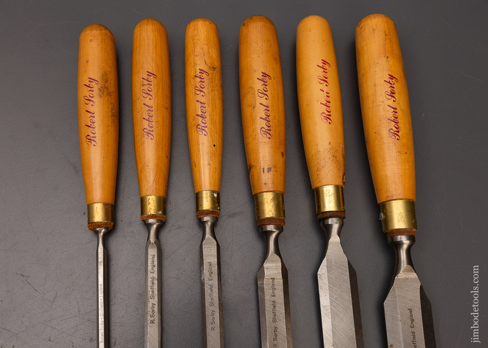 Beautiful Set of 6 Long Thin Boxwood Handled Paring Chisels by ROBT. SORBY - 111736