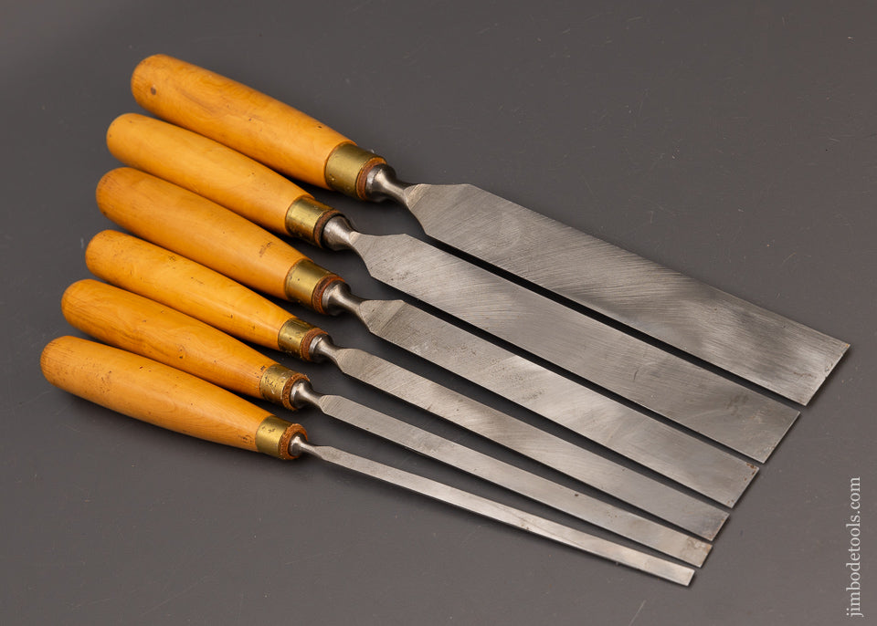 Beautiful Set of 6 Long Thin Boxwood Handled Paring Chisels by ROBT. SORBY - 111736