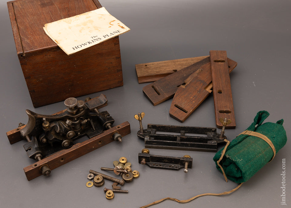Rare & Fine HOWKINS PATENT PLOW PLANE w/ Cutters, Instructions, Fences & Original Box - 112236