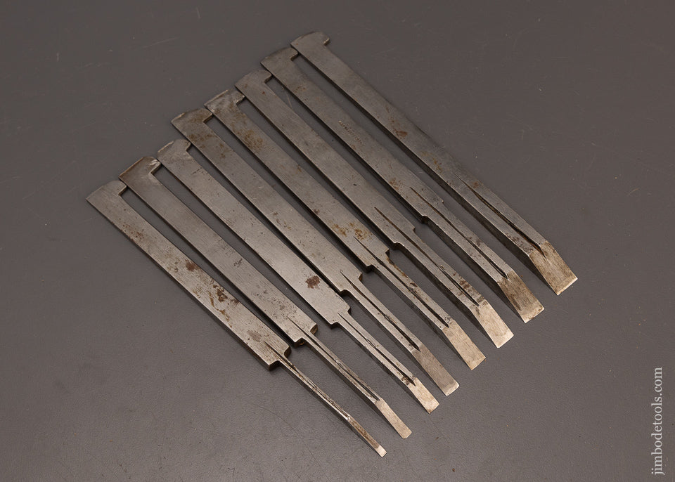 Complete Set of 8 ROB’T. SORBY Plow Plane Irons Near Mint - 112501