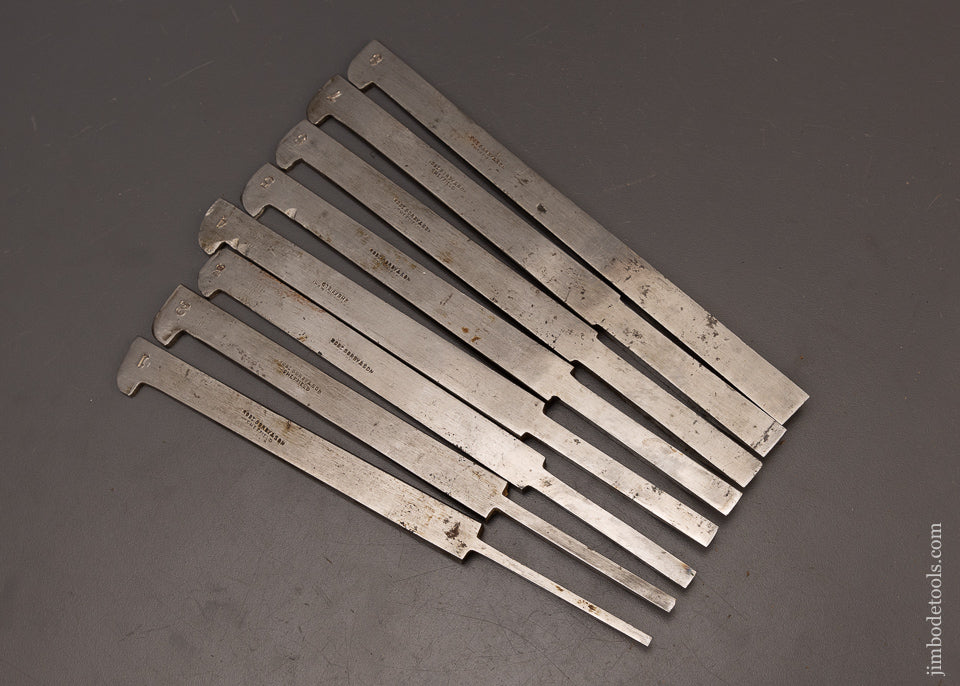 Complete Set of 8 ROB’T. SORBY Plow Plane Irons Near Mint - 112501