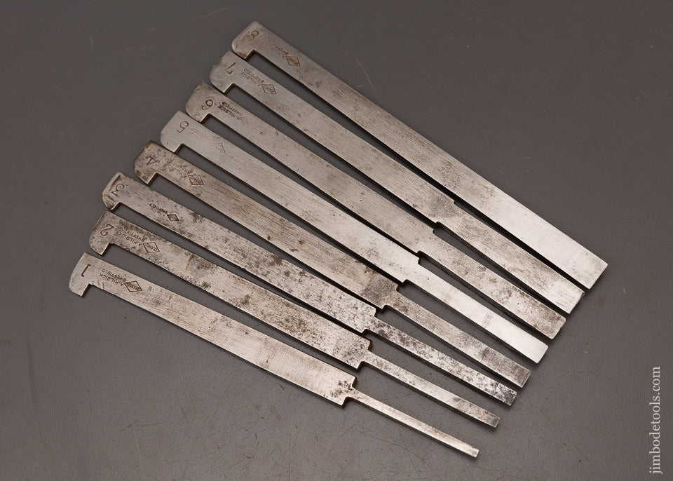 Near Mint Complete Set of 8 Plow Plane Irons by A. HILDICK - 112502