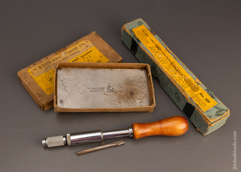 MOORE & WRIGHT Automatic Screwdriver & TYZACK 6 x 3 Inch Card Scraper Mint in Box - 112951