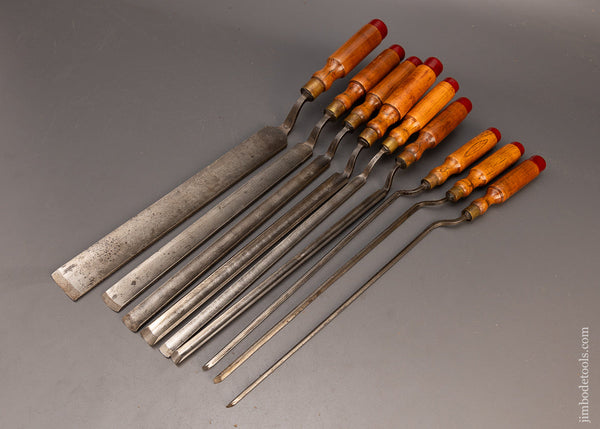 Ridiculously Long Set of 9 D.R. BARTON 1832 Pattern Maker’s Crank Neck Paring Gouges - 114270