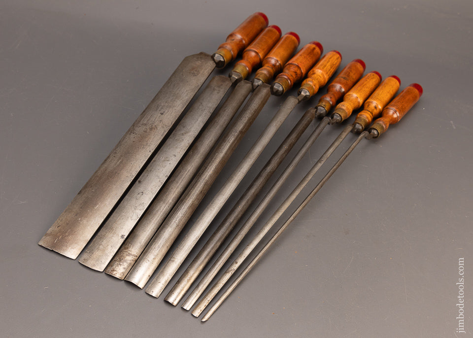 Ridiculously Long Set of 9 D.R. BARTON 1832 Pattern Maker’s Crank Neck Paring Gouges - 114270