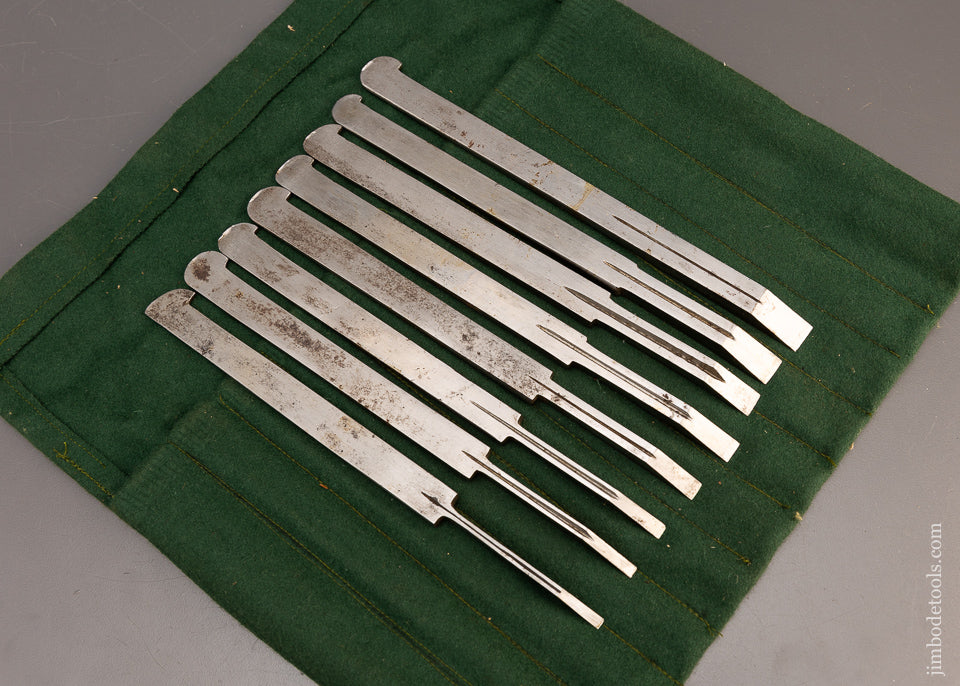 Beautiful Graduated Set of 8 Plow Plane Irons in Roll by MARPLES - 115098