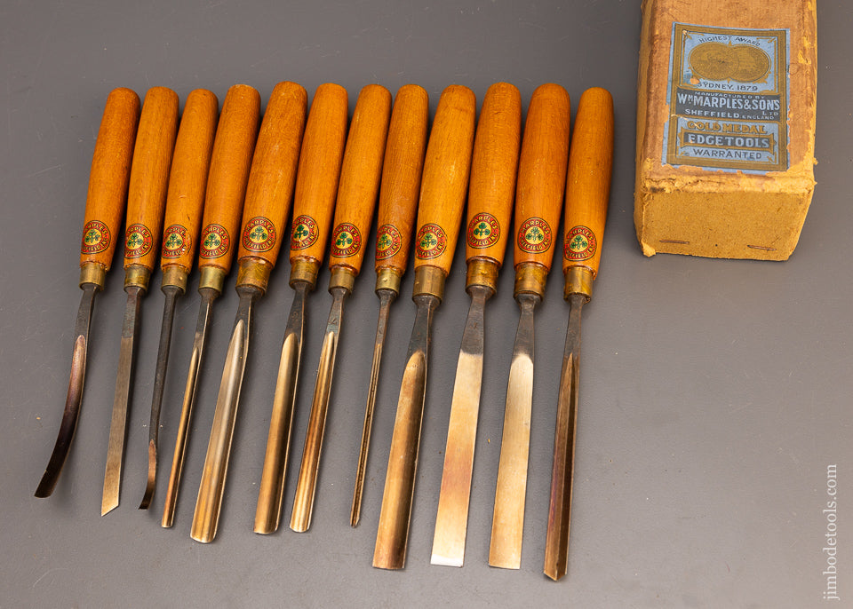 Gorgeous Set of 12 MARPLES Carving Chisels Gouges Mint in Box with Decals - 115228