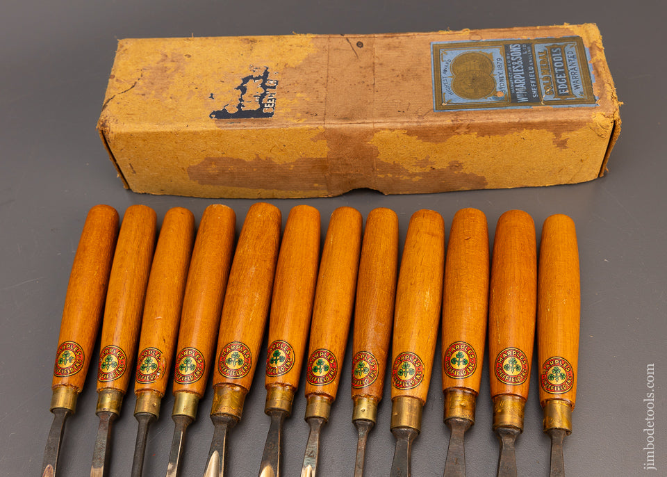 Gorgeous Set of 12 MARPLES Carving Chisels Gouges Mint in Box with Decals - 115228