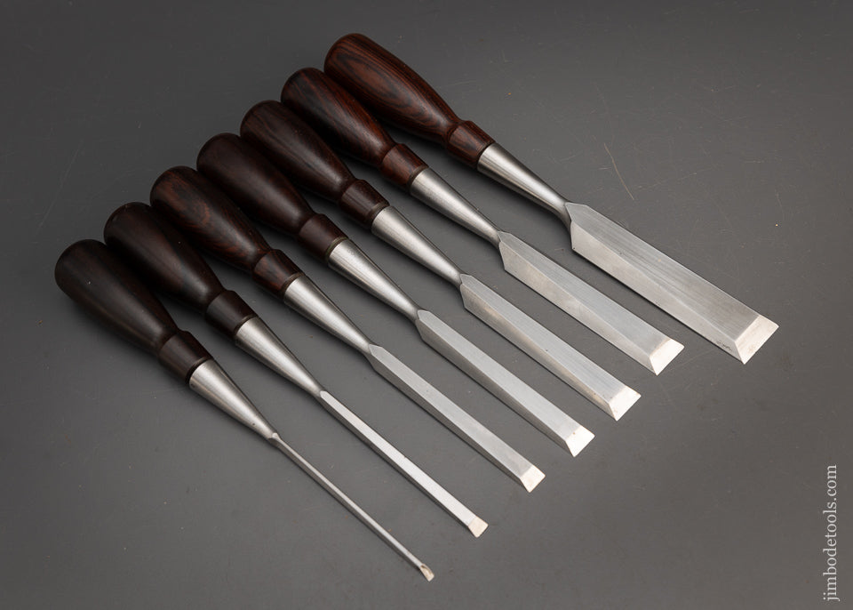 Discontinued Mint Set of 7 LIE NIELSEN Bevel Edge Socket Chisels with Cocobolo Handles - 115511