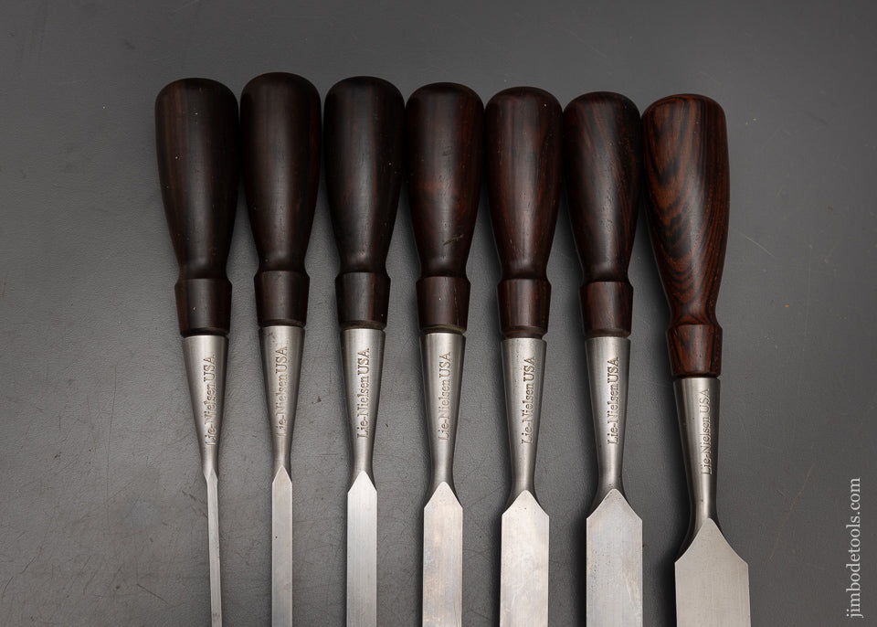 Discontinued Mint Set of 7 LIE NIELSEN Bevel Edge Socket Chisels with Cocobolo Handles - 115511