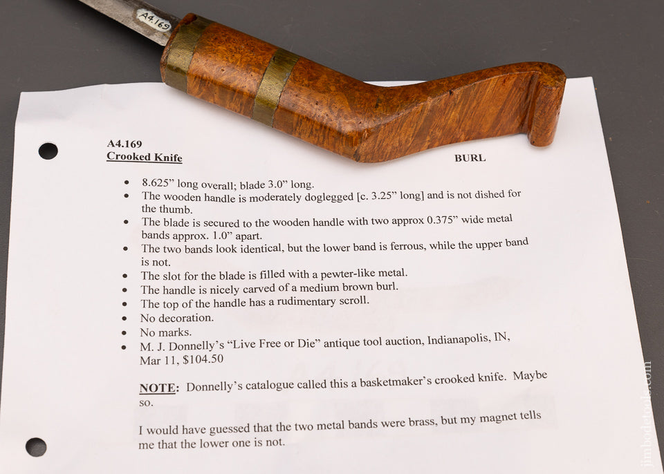 Stunning Brass Ringed Burl Native American Crooked Knife - 115664