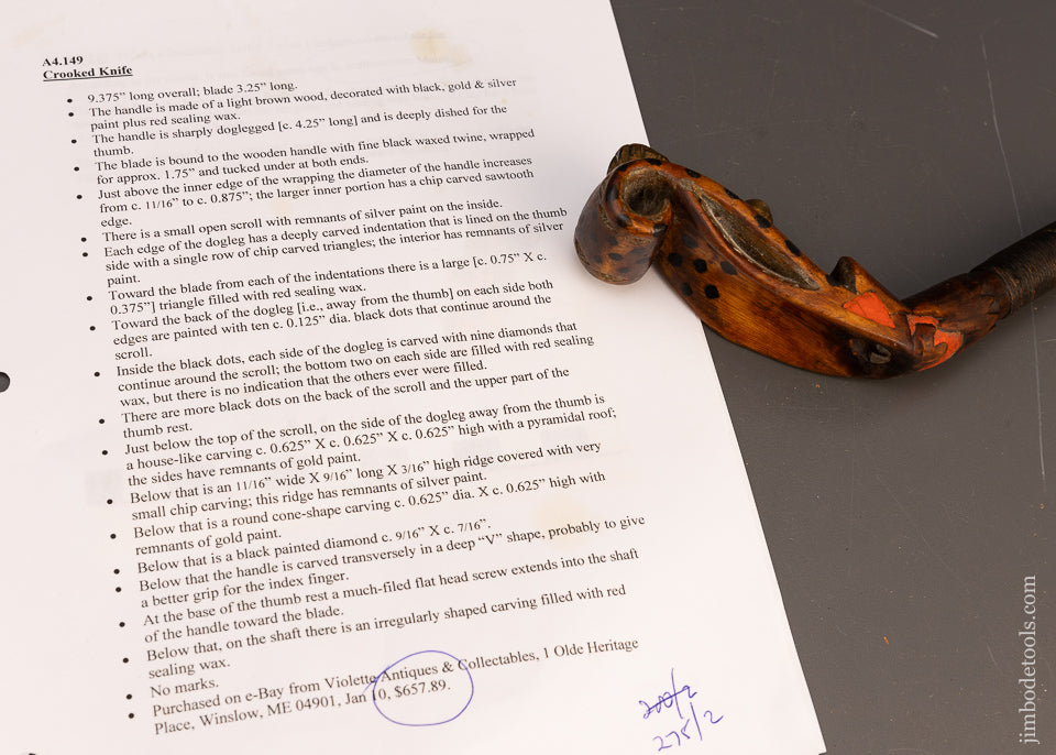 Fancy & Early Carved & Painted Native American Crooked Knife - 115714