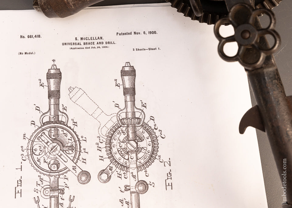 Very Rare MCCLELLAN SOUND BEACH, Ct. Nov. 6, 1900 PATENT Universal Brace & Drill - 115805