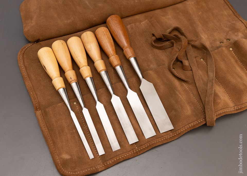 Mint Set of 6 LIE NIELSEN Bevel Edge Socket Chisels with Leather Roll - 115882