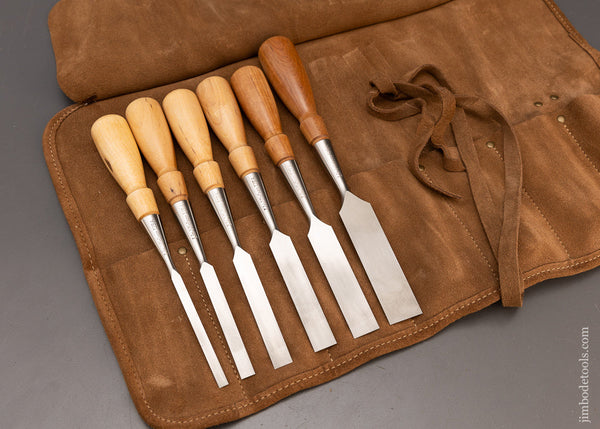 Mint Set of 6 LIE NIELSEN Bevel Edge Socket Chisels with Leather Roll - 115882