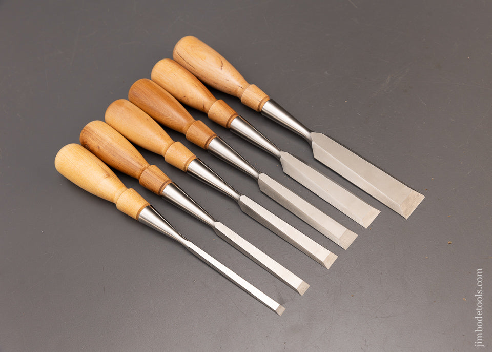 Mint Set of 6 LIE NIELSEN Bevel Edge Socket Chisels with Leather Roll - 115882 - AS OF MAY 23
