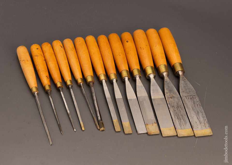 Mint Unused Set of 13 BRISTOL DESIGN SCHARWAECHTER Tang Firmer Chisels with Boxwood Handles Mint & Unused - 115889