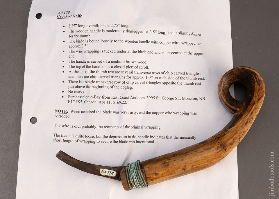Early Curly Top Hand Carved Native American Crooked Knife - 116167