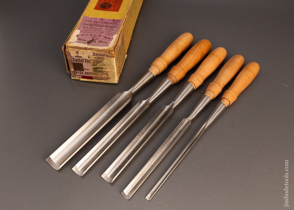 Gouges On Cardboard Box BUCK BROS. Graduated Set of 5 Socket Firmer Gouges in Original Box - 1 ...