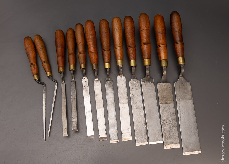 Remarkable Complete Graduated Set of 12 BUCK BROS. Pattern Maker’s Crank Neck Paring Chisels - 116225 - AS OF JUNE 1