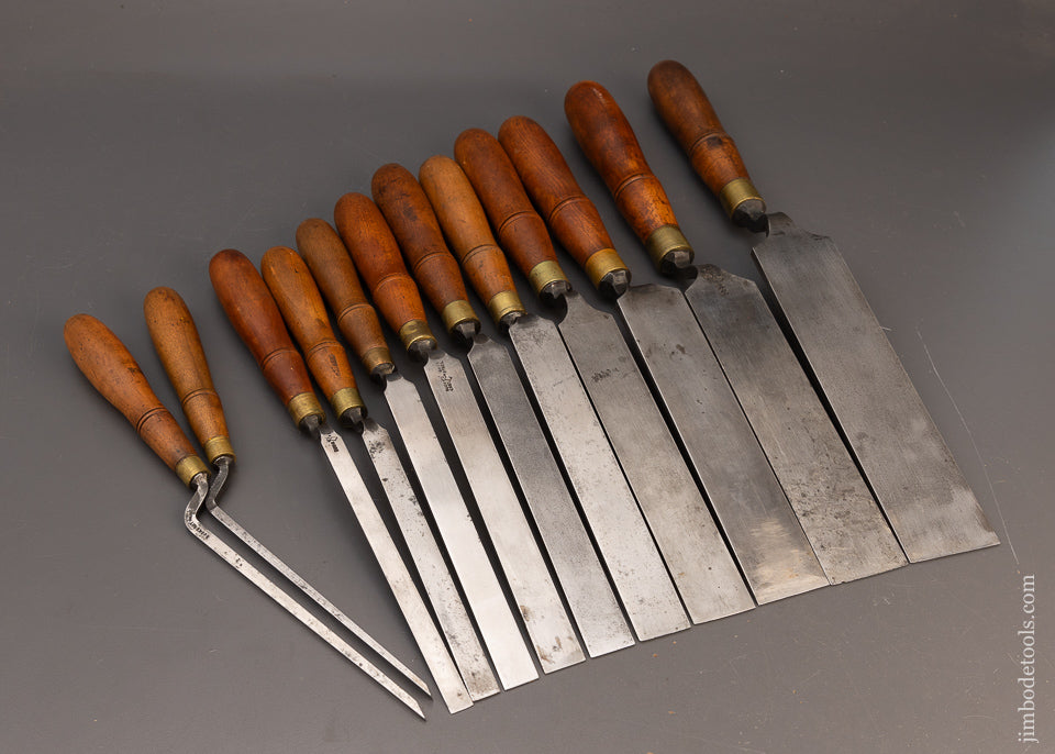 Remarkable Complete Graduated Set of 12 BUCK BROS. Pattern Maker’s Crank Neck Paring Chisels - 116225 - AS OF JUNE 1