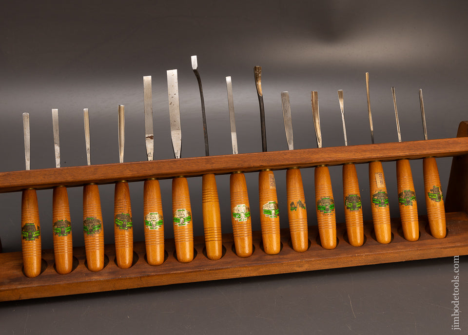 Near Mint Set of 15 HENRY TAYLOR Carving Tools with Display Stand & Labels - 116280