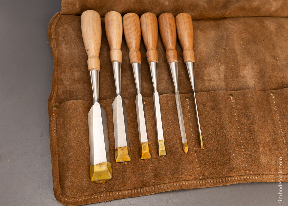 Mint Set of 6 LIE NIELSEN Bevel Edge Chisels with Leather Roll - 116590