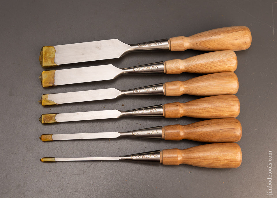Mint Set of 6 LIE NIELSEN Bevel Edge Chisels with Leather Roll - 116590