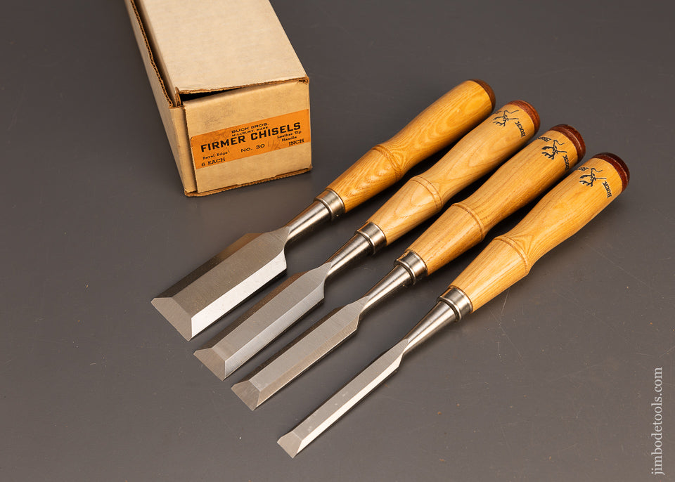 Dead Mint in Box Vintage BUCK BROS. Set of 4 Bevel Edge Firmer Chisels - 116596