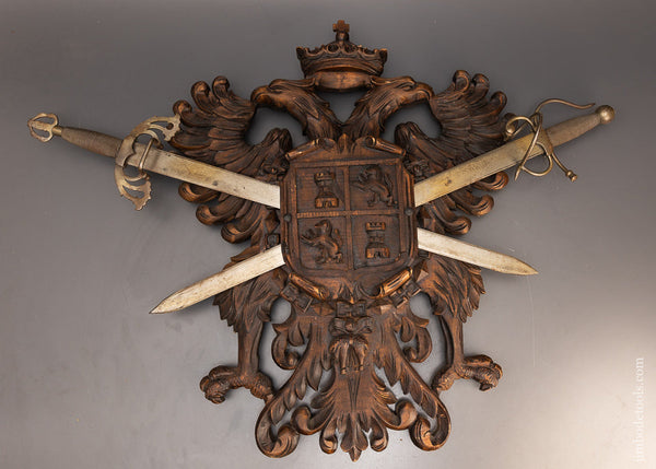 Astonishing Hand Carved Walnut Coat of Arms with Crossed Steel Swords - 116765