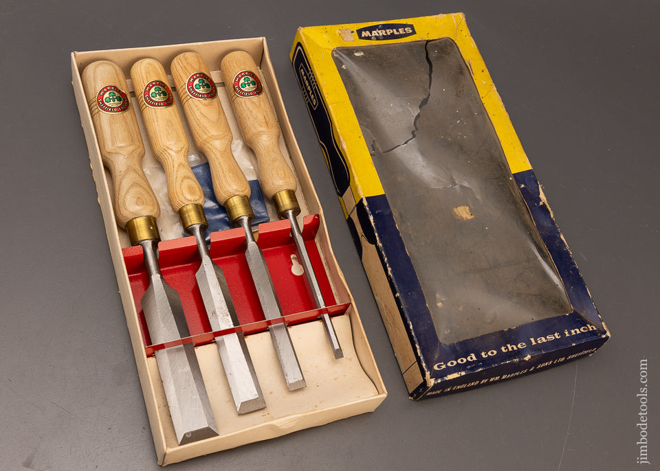 Set-of-4-Vintage-MARPLES-Bevel-Edge-Bench-Chisels-Mint-in-Box-117243
