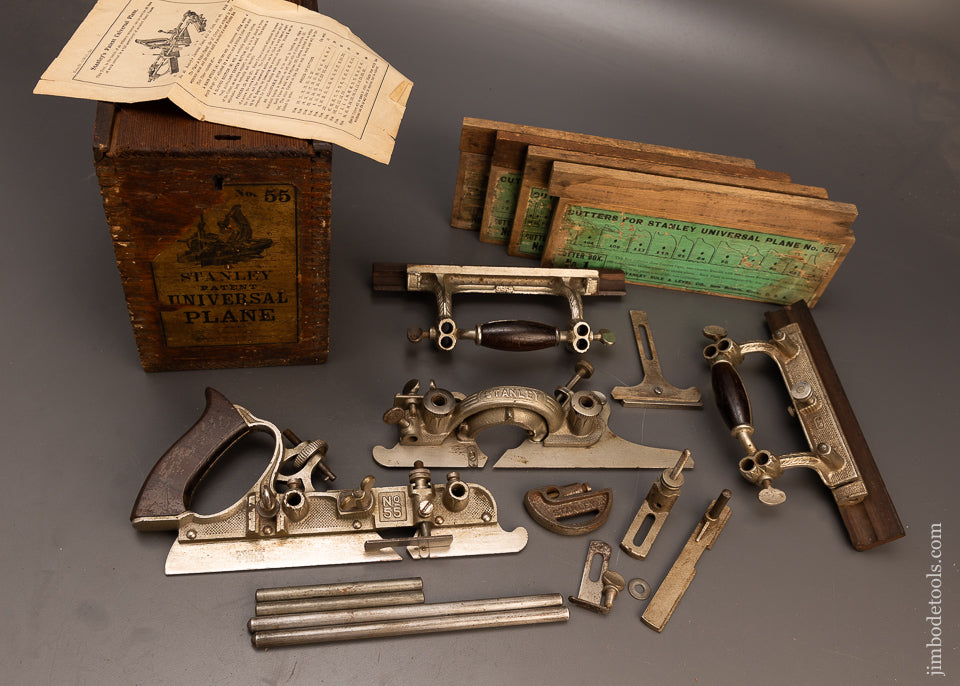 100%-Complete-STANLEY-No.-55-Combination-Plane-in-Picture-Label-Chestnut-Box-117766