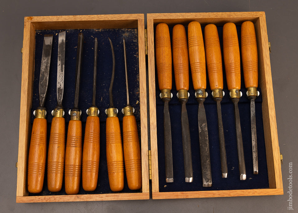 Dead-Mint-Set-of-12-HENRY-TAYLOR-Carving-Chisels,-Gouges-In-Original-Box-117837