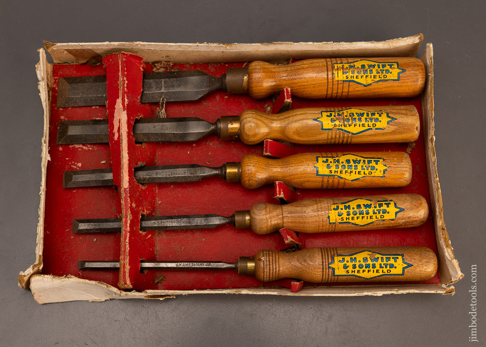 Near-Mint-in-Box-Set-of-J.H.-SWIFT-SHEFFIELD-Bevel-Edge-Chisels-117915