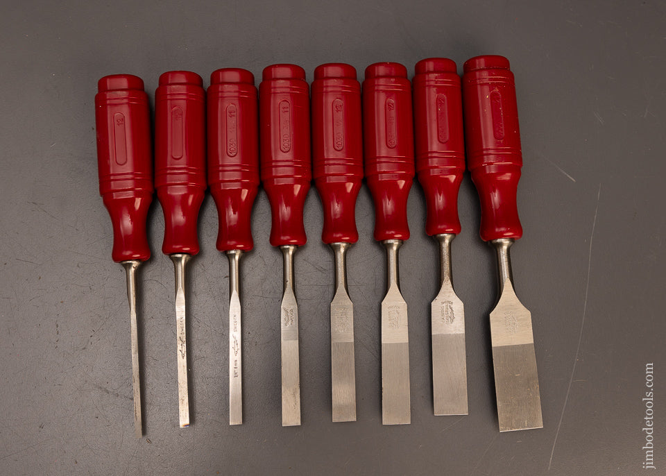 Fantastic-Dead-Mint-Set-of-8-E.A.-BERG-ESKILSTUNA-Bevel-Edge-Chisels-in-Original-Box-118145