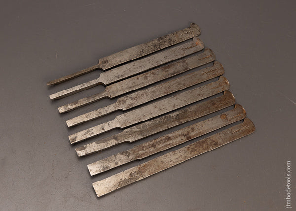 Complete-Graduated-Set-of-8-OHIO-TOOL-CO.-Plow-Plane-Irons-for-Center-Wheel-Plow-Plane-118359