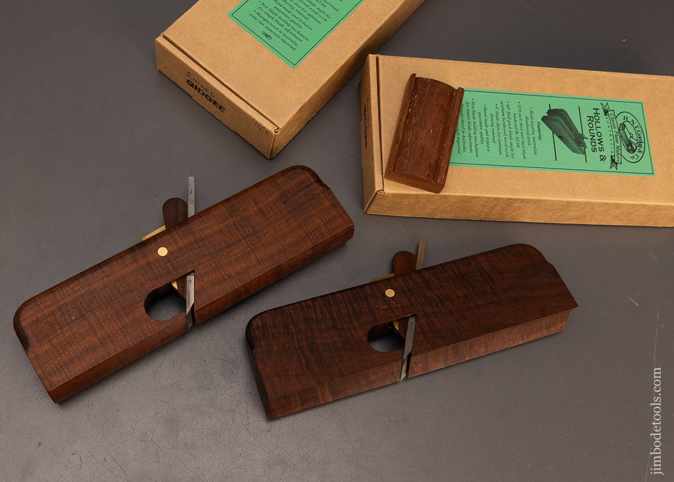 H.N.T.-GORDON-Pair-of-1-1/4-Inch-Hollow-&-Round-Moulding-Planes-Dead-Mint-in-Box-Ringed-Gidgee-118407