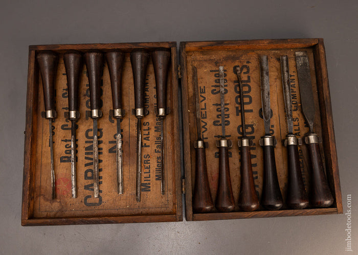Rare-MILLERS-FALLS-No.-3-Rosewood-Handled-Carving-Tool-Set-of-12-in-Original-Box-118421
