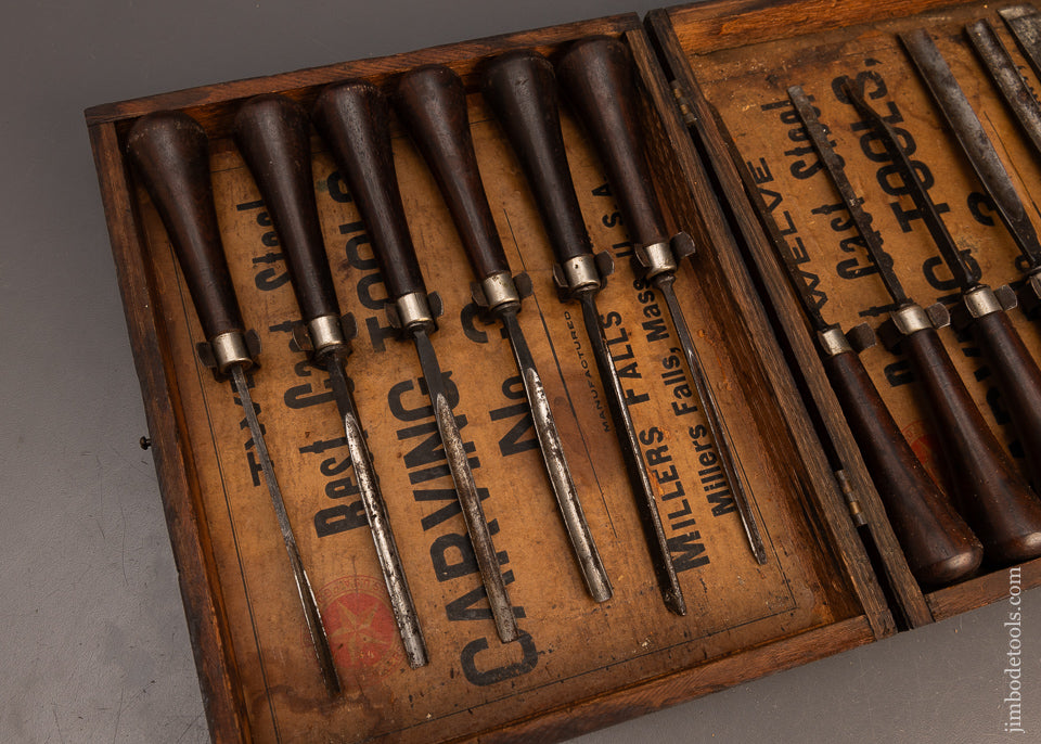 Rare-MILLERS-FALLS-No.-3-Rosewood-Handled-Carving-Tool-Set-of-12-in-Original-Box-118421