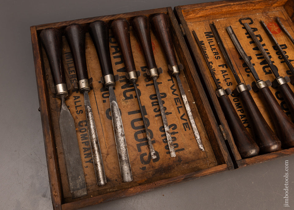 Rare-MILLERS-FALLS-No.-3-Rosewood-Handled-Carving-Tool-Set-of-12-in-Original-Box-118421