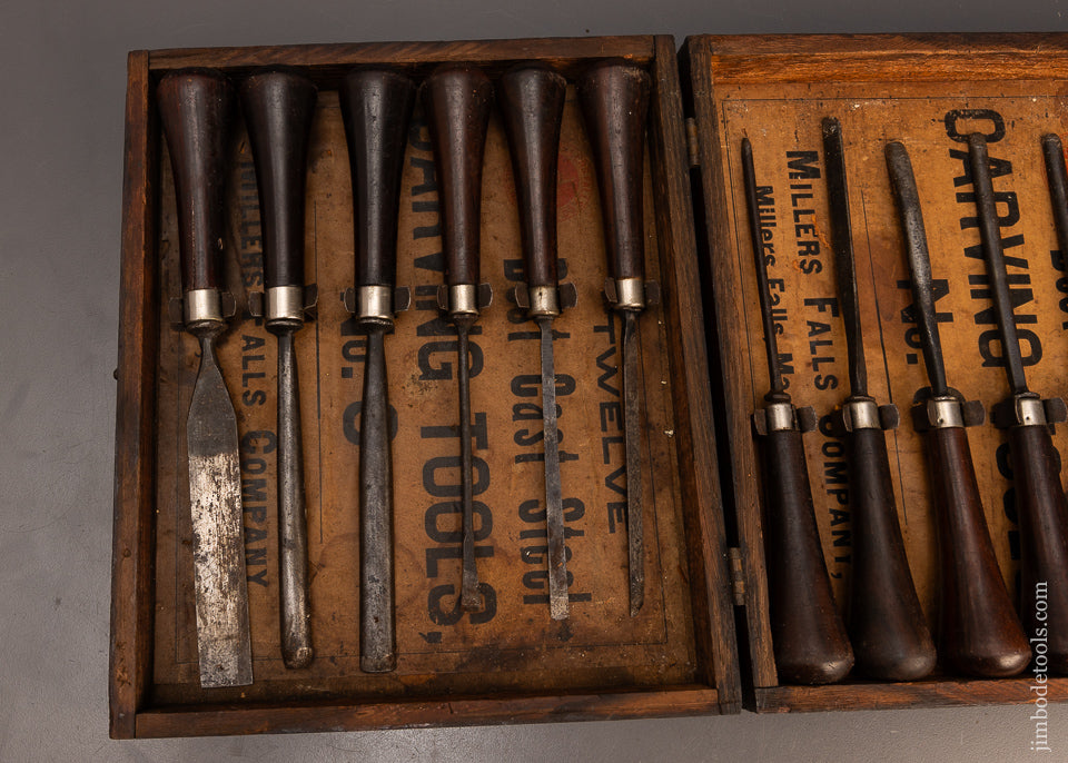 Rare-MILLERS-FALLS-No.-3-Rosewood-Handled-Carving-Tool-Set-of-12-in-Original-Box-118421