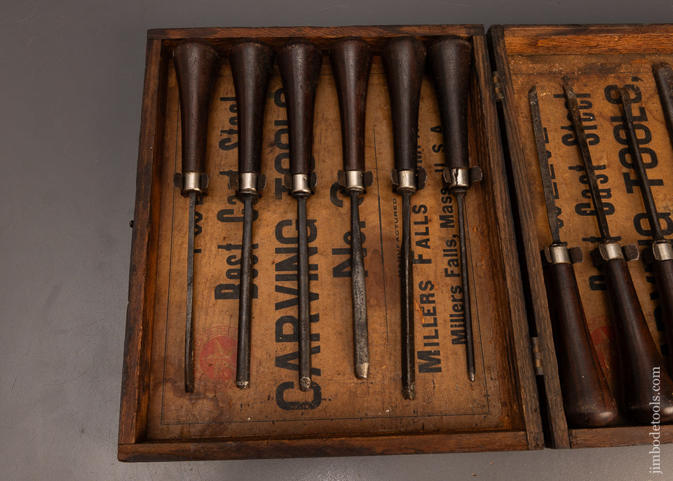 Rare-MILLERS-FALLS-No.-3-Rosewood-Handled-Carving-Tool-Set-of-12-in-Original-Box-118421