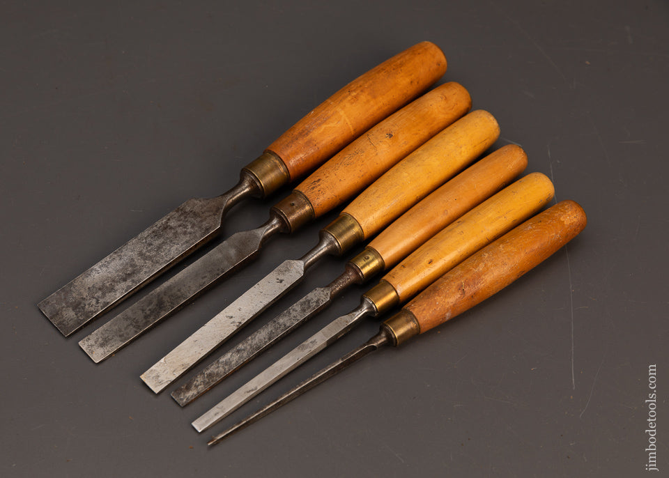 Fine Set of 6 MARPLES Boxwood Handled Tang Firmer Chisels - 118822